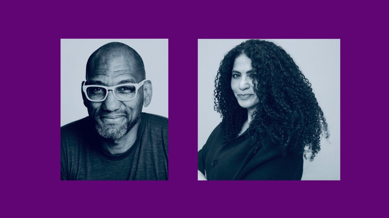 Two black and white headshots of King Britt, left, and Roba El-Essawy, right, layered on a purple background. King Brit is a bald Black man with white frame glasses and a closely trimmed salt and pepper beard. El-Essawy is a Black woman with long natural hair and a black shirt