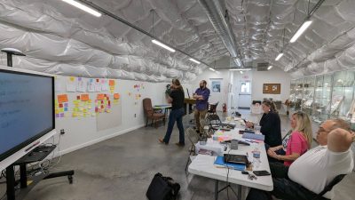 The ICAT and National D-Day Memorial teams brainstorm content themes and narrative ideas on site at the Memorial. 