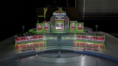 Projection mapping content areas onto the 3-D printed scale model of the Memorial.