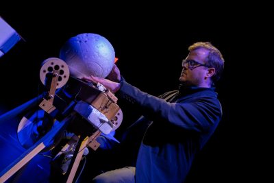 A man performs at the New Music Technology Festival in the Cube. Photo by Rodney Kimbangu for Virginia Tech.