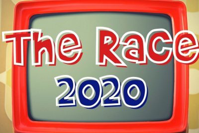 graphic image of a red television with the words 'The Race 2020' in red, white, and blue