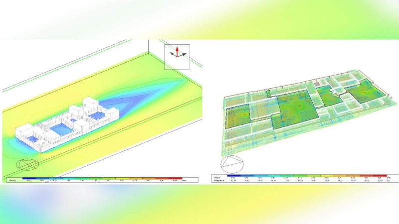 External CFD Velocity 3D visualization of the ground floor(left) and Internal CFD(right) using DesignBuilder software.