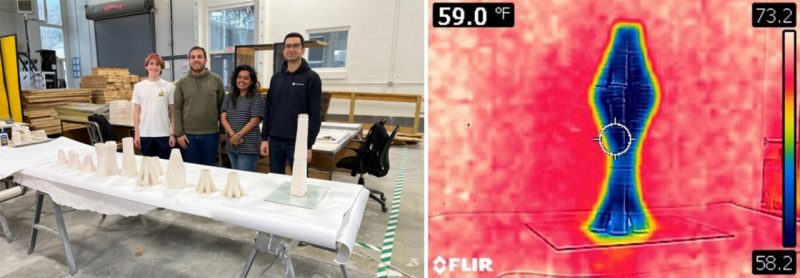At left: Ilan Farahi, Mohammed Ali, Aditi Hadkar and lead researcher Saeed Sakhdari. At right: Infrared imaging demonstrating the temperature differential between the surrounding air and the prototype.