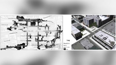 Flood hydrology model (left) and digital twin of downtown Roanoke (right) 
