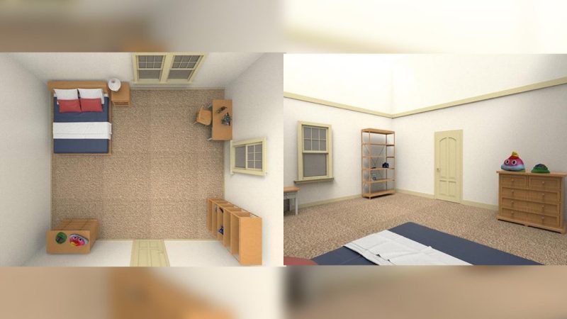 Figure 3. Room environment design, perspective view, and top view.