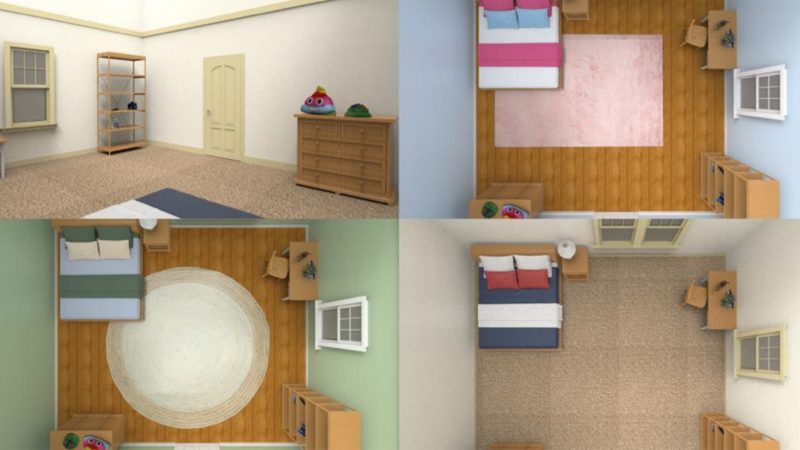 Figure 3. Personal room environment design, perspective view, and top view.