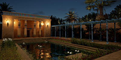 A 3D visualization of an Egyptian garden at night from 4,000 years ago